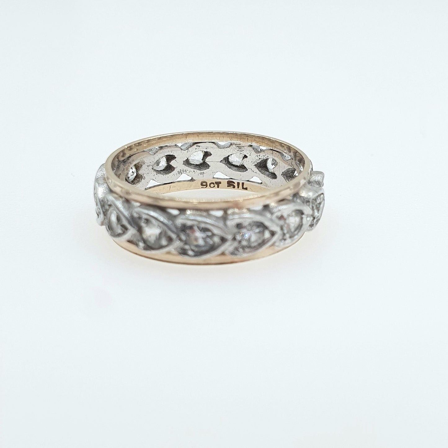 Antique 9ct Gold & Solid Silver White Spinel Eternity Ring Heart Pattern Love Gift Womens Jewelry Jewellery UK K or US 5.25