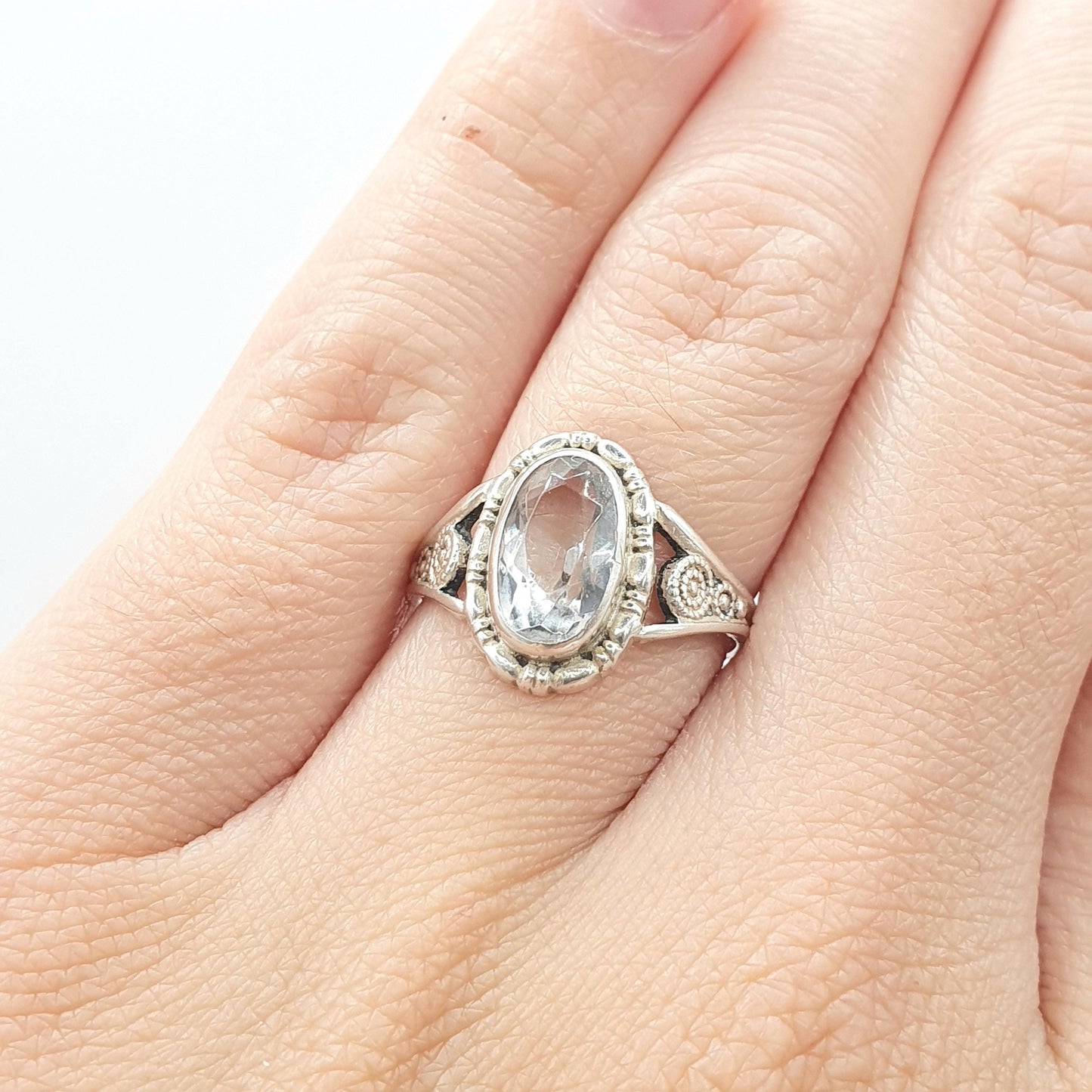 Antique Sterling Silver Rock Crystal Ring Art Deco Oval Cut Quartz TLM Thomas L Mott Jewellery Jewelry Vintage UK L.5 US 6