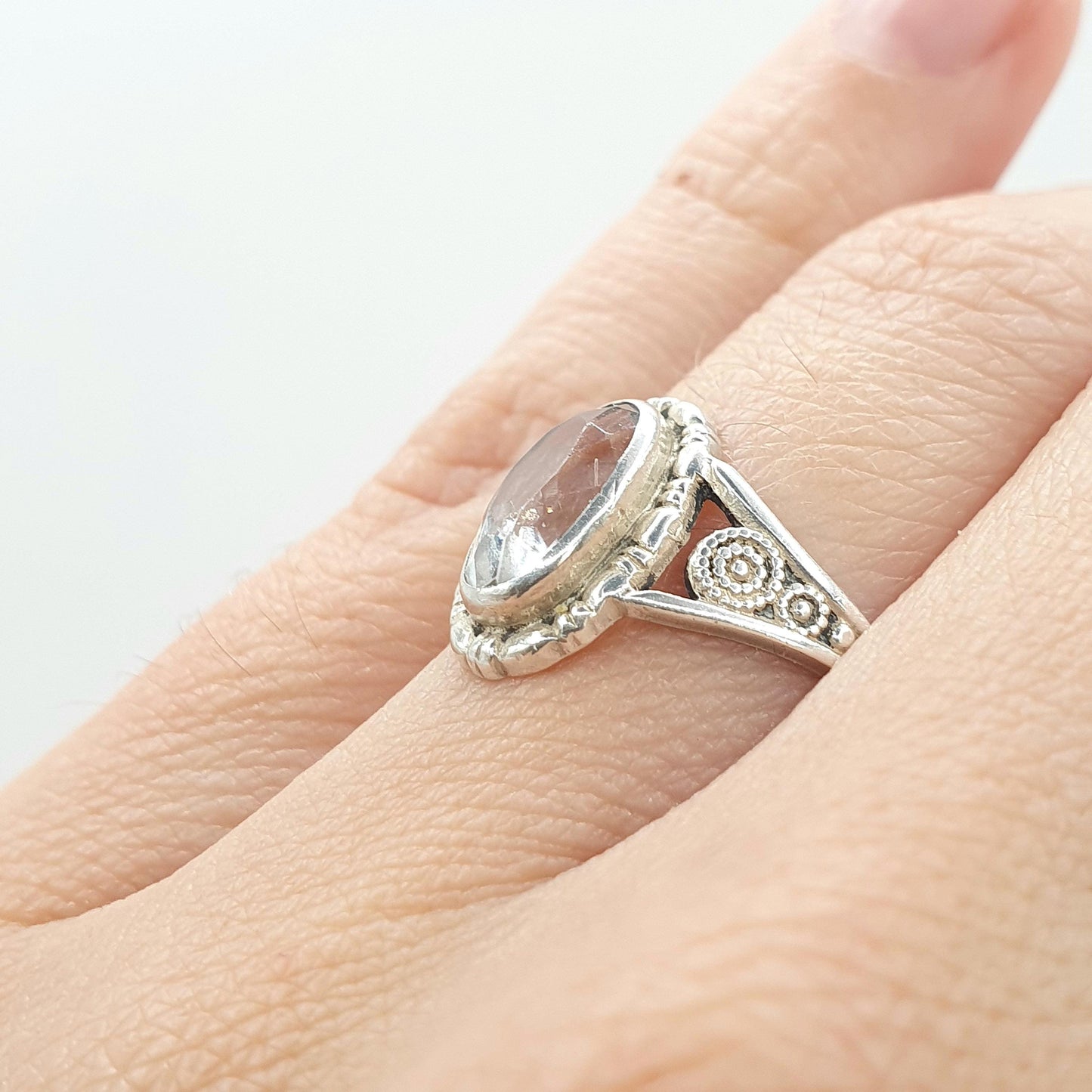 Antique Sterling Silver Rock Crystal Ring Art Deco Oval Cut Quartz TLM Thomas L Mott Jewellery Jewelry Vintage UK L.5 US 6