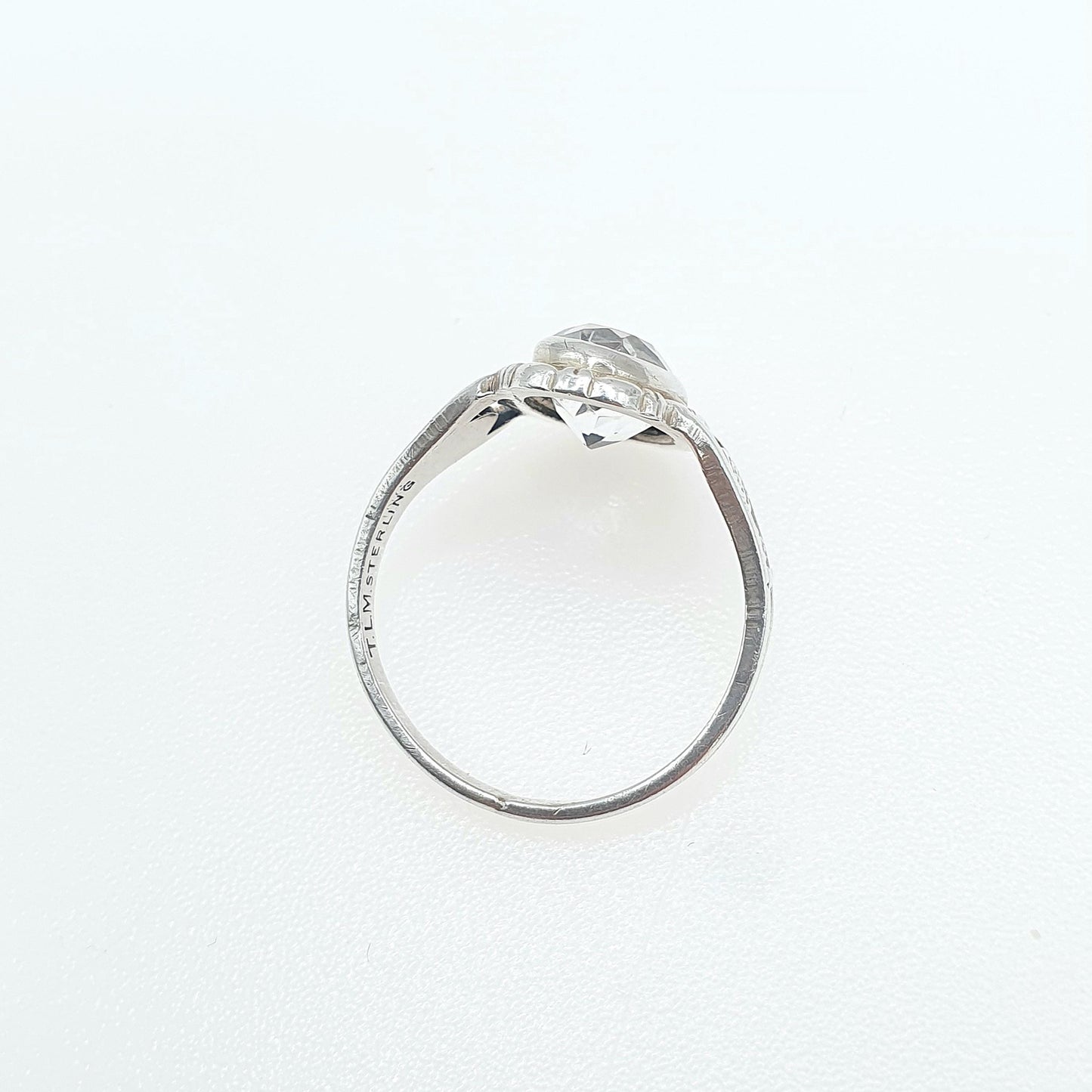 Antique Sterling Silver Rock Crystal Ring Art Deco Oval Cut Quartz TLM Thomas L Mott Jewellery Jewelry Vintage UK L.5 US 6