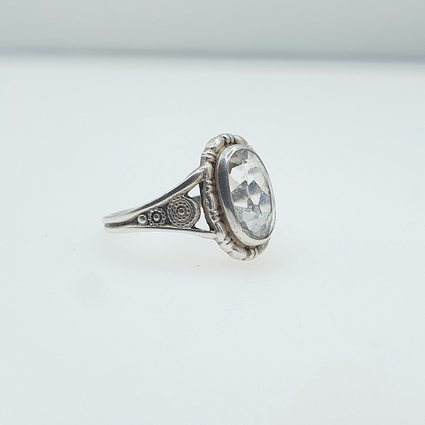 Antique Sterling Silver Rock Crystal Ring Art Deco Oval Cut Quartz TLM Thomas L Mott Jewellery Jewelry Vintage UK L.5 US 6