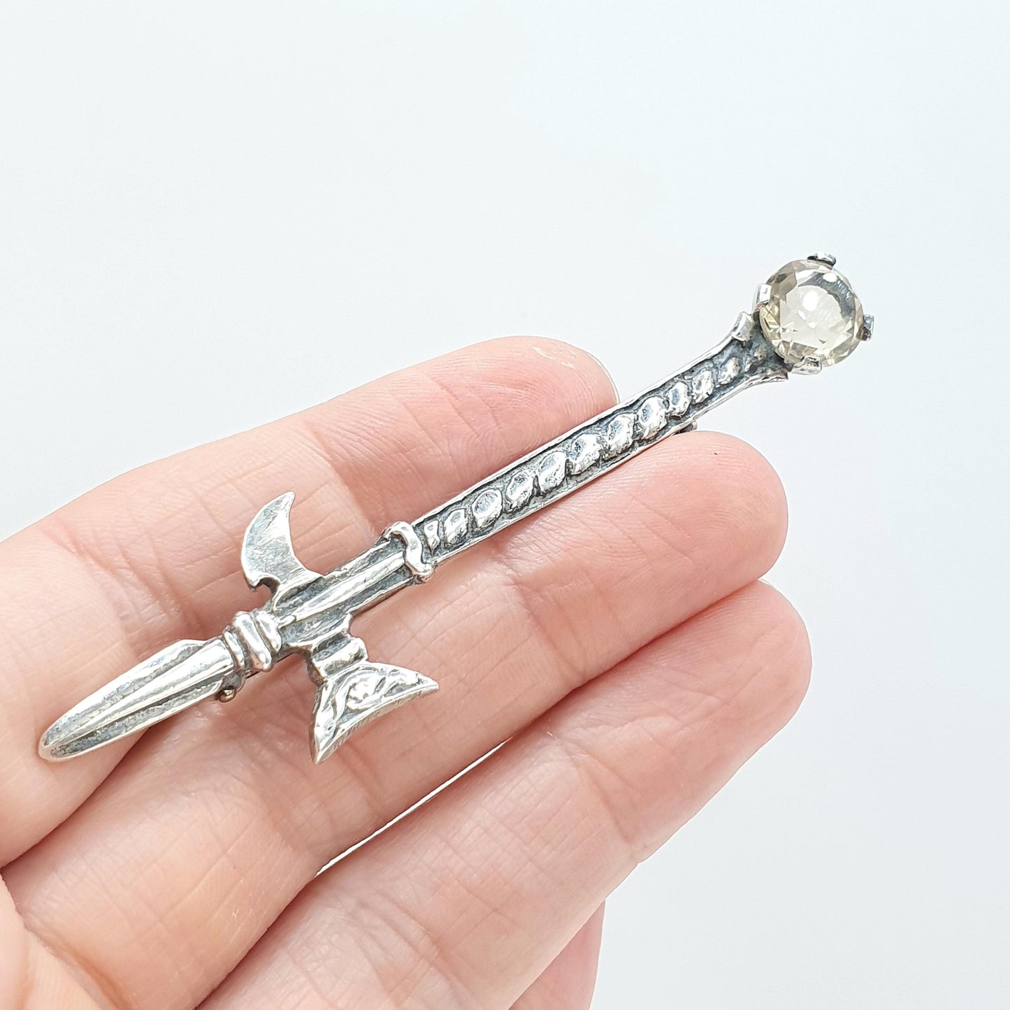 Vintage Sterling Silver Citrine Scottish Brooch Celtic Axe Pike Polearm Quartz Gemstone Gaelic Jewelry Jewellery