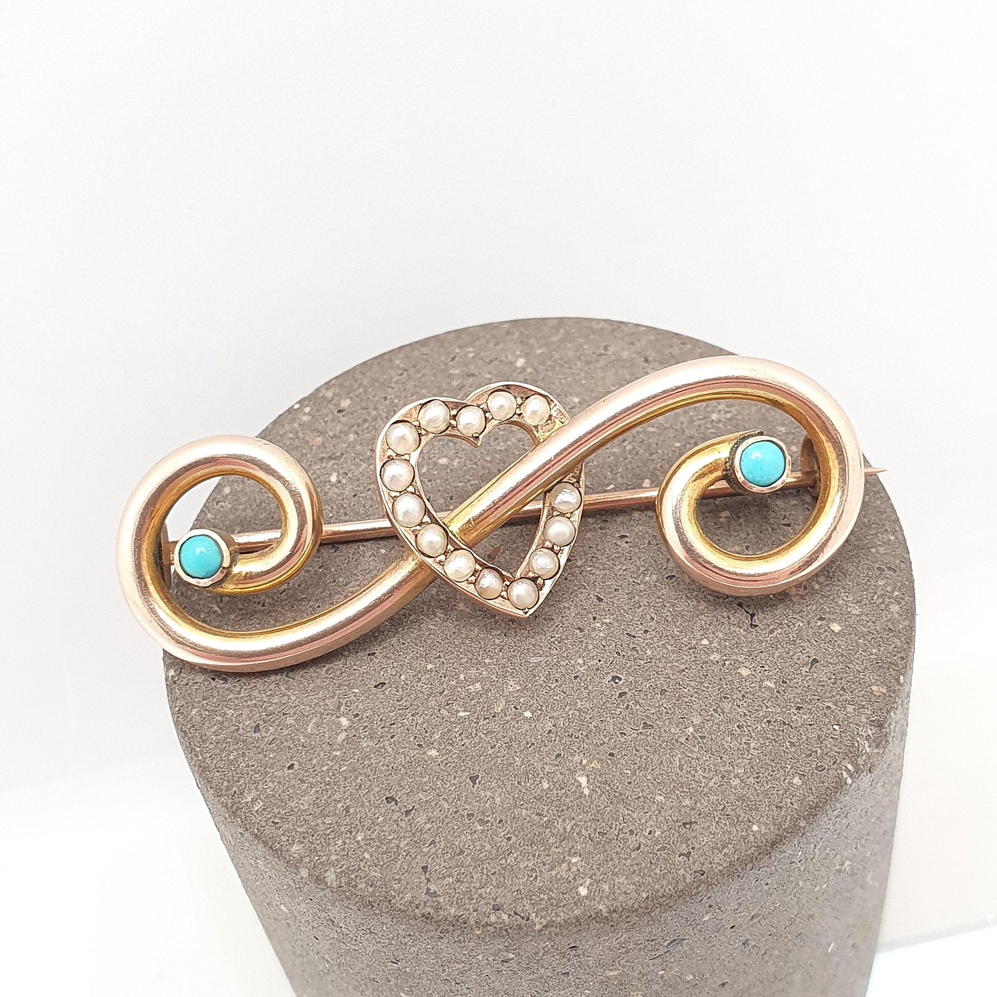 Antique 9ct Gold Turquoise Heart Brooch Pin Seed Pearl Forget Me Not Solid 9kt 9k Edwardian Art Nouveau Jewelry Jewellery