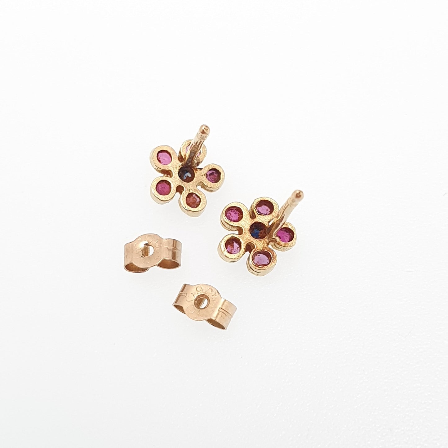 Vintage 18ct Gold Ruby & Sapphire Earrings Stud Cluster Flower Solid 18k 18kt Natural Gemstones Cute Small Jewelry Jewellery