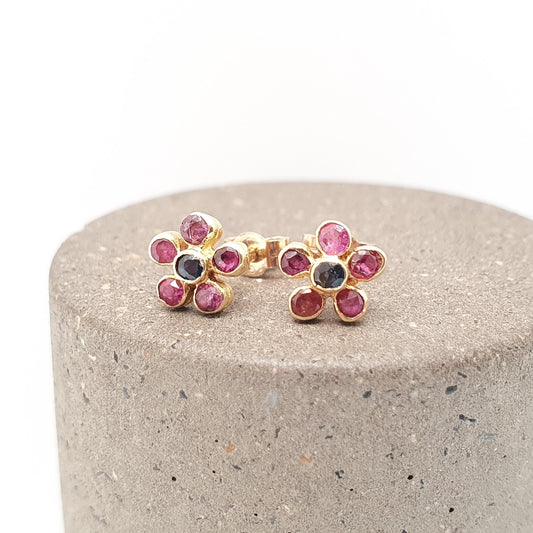 Vintage 18ct Gold Ruby & Sapphire Earrings Stud Cluster Flower Solid 18k 18kt Natural Gemstones Cute Small Jewelry Jewellery