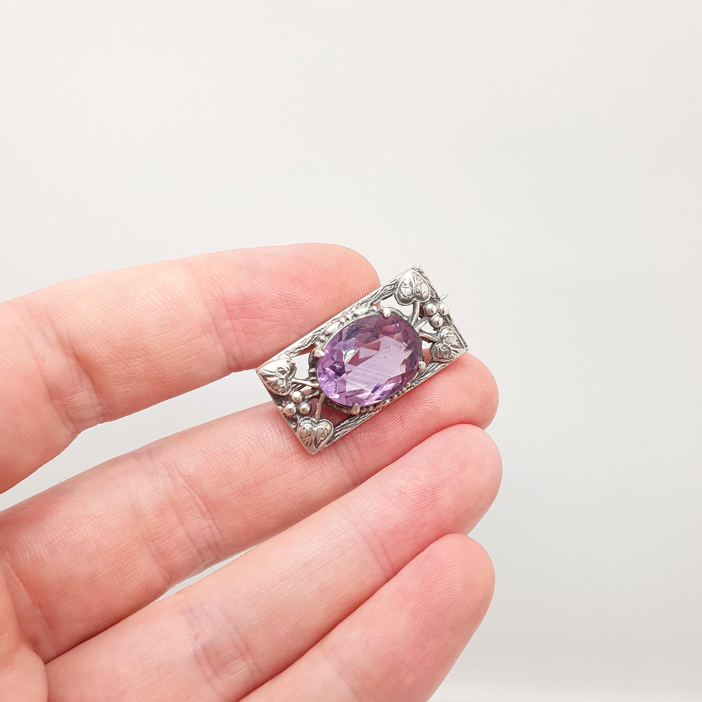 Antique Sterling Silver Amethyst Brooch Bernard Instone Pin Art Nouveau Oval Cut Small Style Genuine Gemstone Vintage