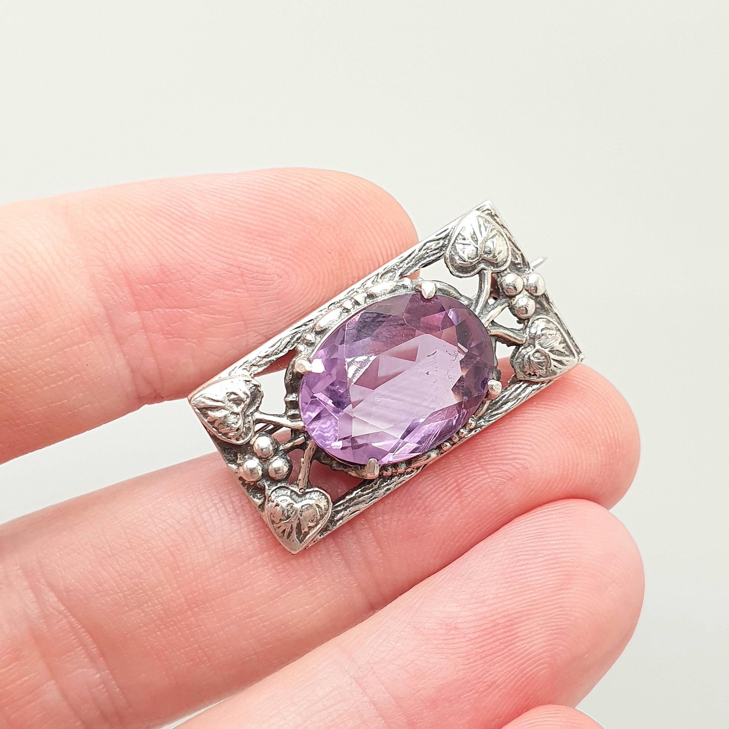 Antique Sterling Silver Amethyst Brooch Bernard Instone Pin Art Nouveau Oval Cut Small Style Genuine Gemstone Vintage