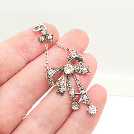 Antique Victorian Solid Silver Diamond Paste Bow Pendant Necklace Hanging 1800s Rare Fine Vintage Womens Jewellery Jewelry