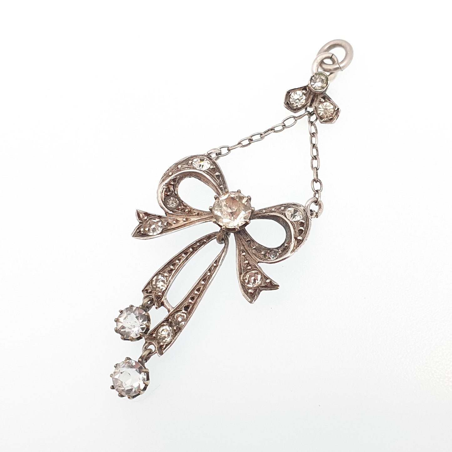Antique Victorian Solid Silver Diamond Paste Bow Pendant Necklace Hanging 1800s Rare Fine Vintage Womens Jewellery Jewelry