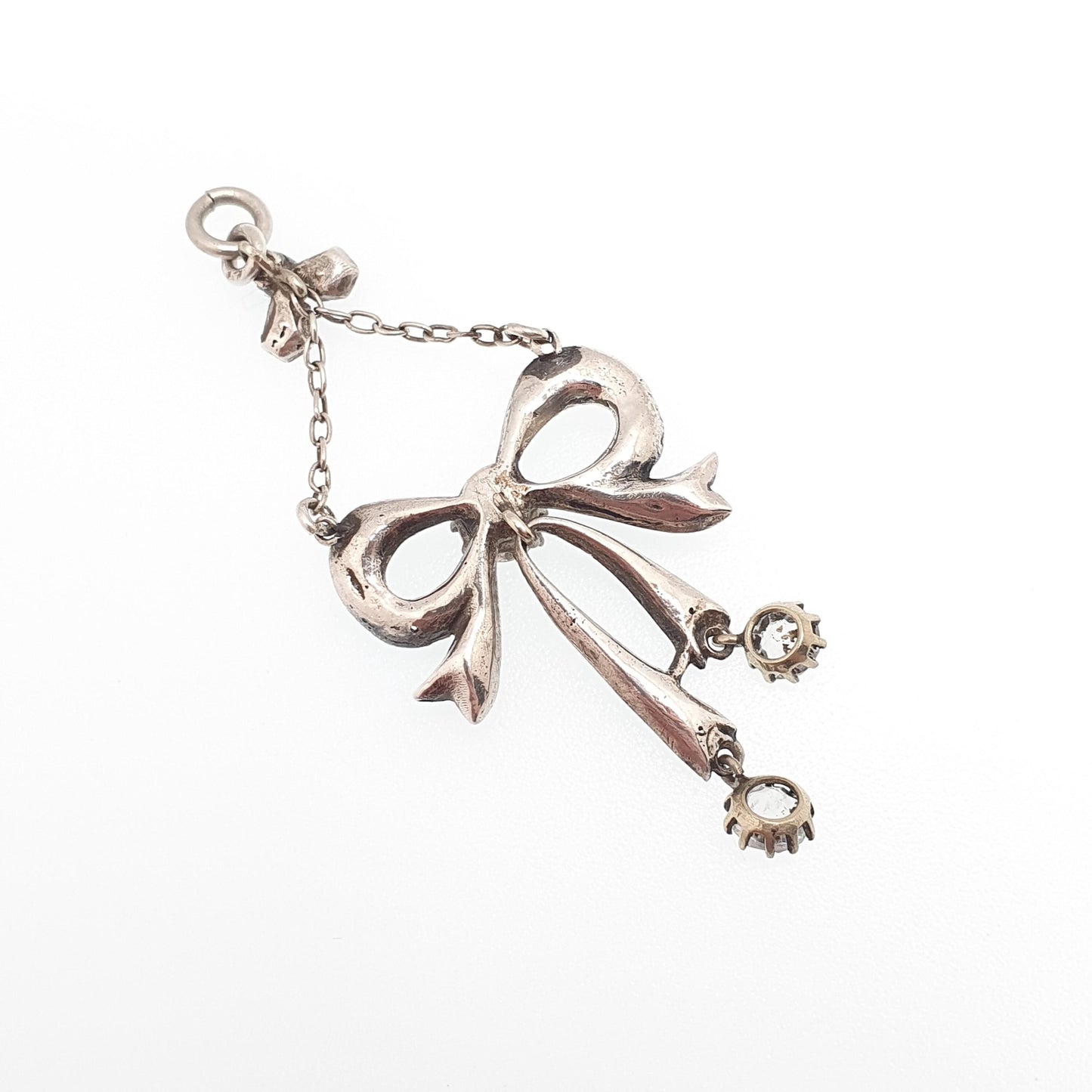 Antique Victorian Solid Silver Diamond Paste Bow Pendant Necklace Hanging 1800s Rare Fine Vintage Womens Jewellery Jewelry