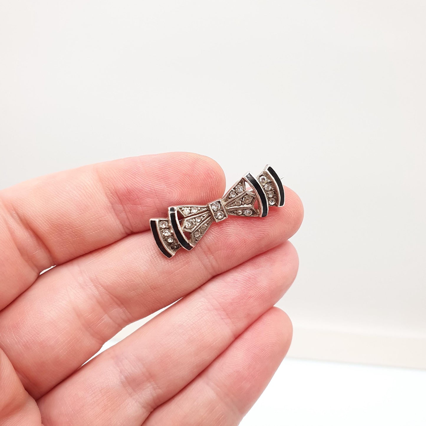Antique Paste Solid Silver Bow Brooch Black Enamel Art Deco Ribbon Diamond Tone Tiny Small Jewelry Jewellery Vintage