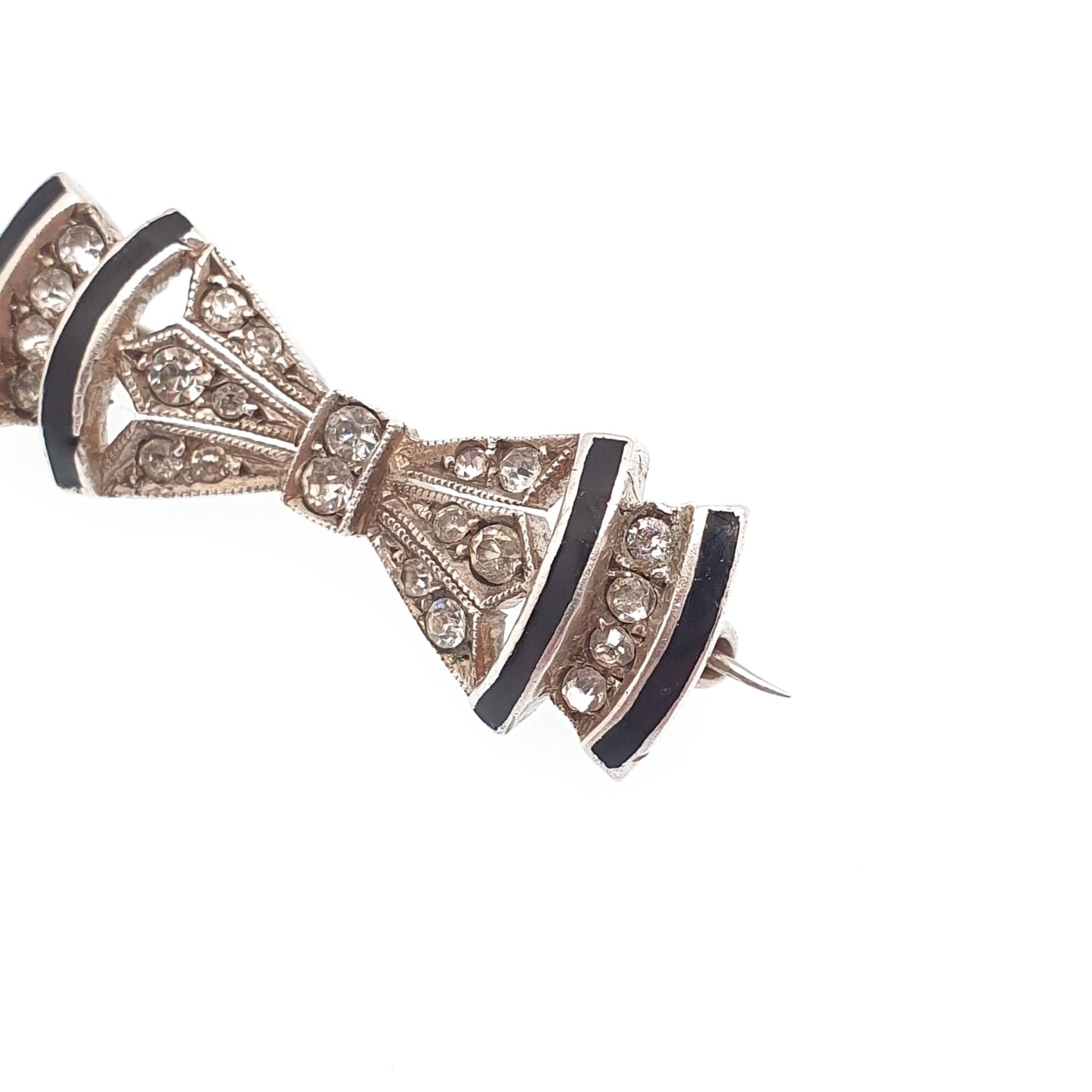 Antique Paste Solid Silver Bow Brooch Black Enamel Art Deco Ribbon Diamond Tone Tiny Small Jewelry Jewellery Vintage