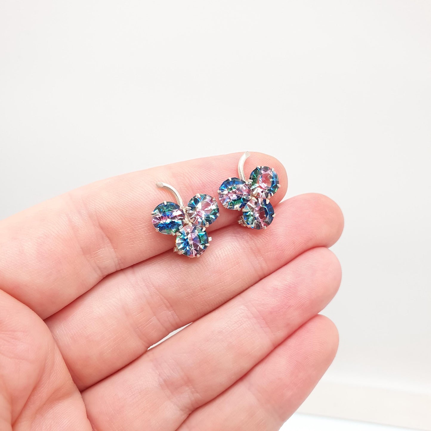 Antique Solid Silver Iris Glass Clover Earrings Rainbow Art Deco Clip On 1920s Tutti Frutti Lucky Vintage Womens Jewelry Jewellery