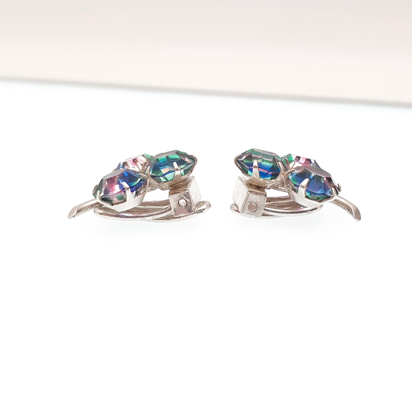 Antique Solid Silver Iris Glass Clover Earrings Rainbow Art Deco Clip On 1920s Tutti Frutti Lucky Vintage Womens Jewelry Jewellery