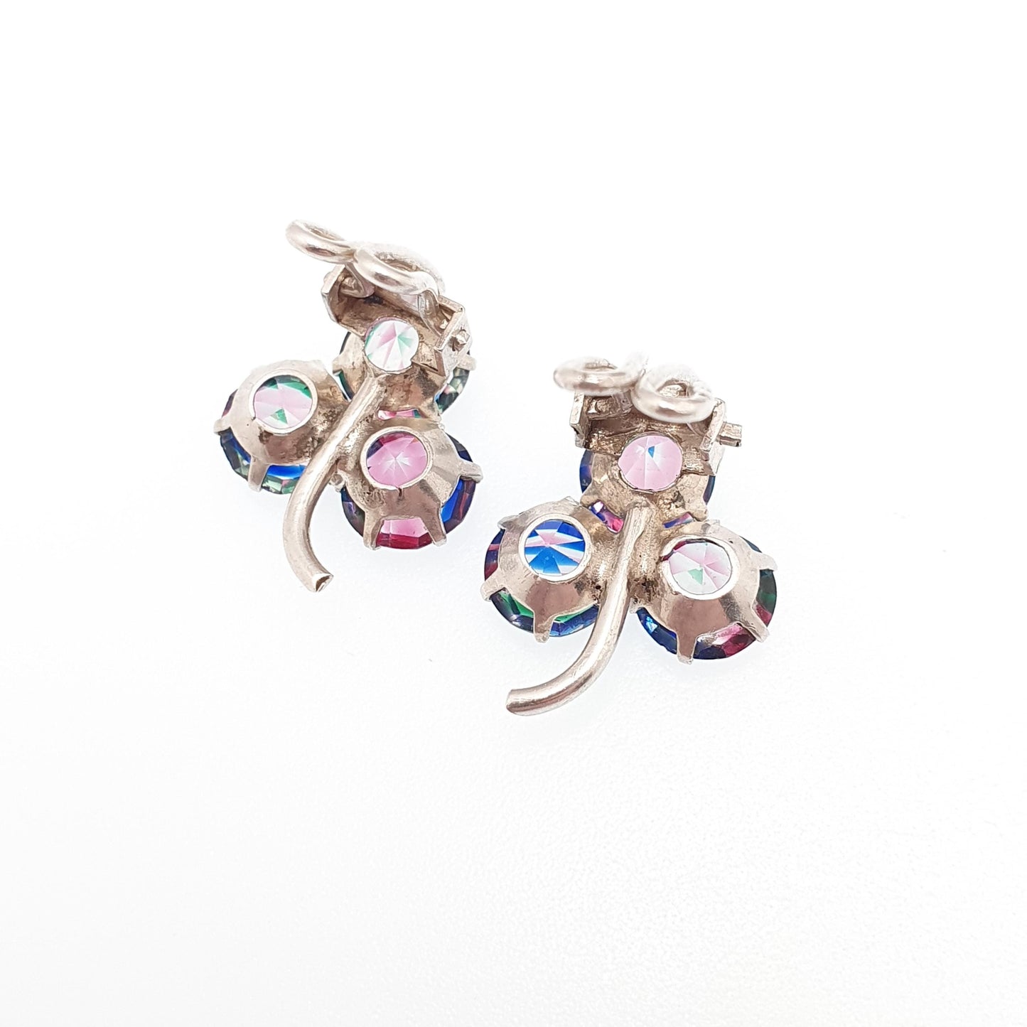 Antique Solid Silver Iris Glass Clover Earrings Rainbow Art Deco Clip On 1920s Tutti Frutti Lucky Vintage Womens Jewelry Jewellery