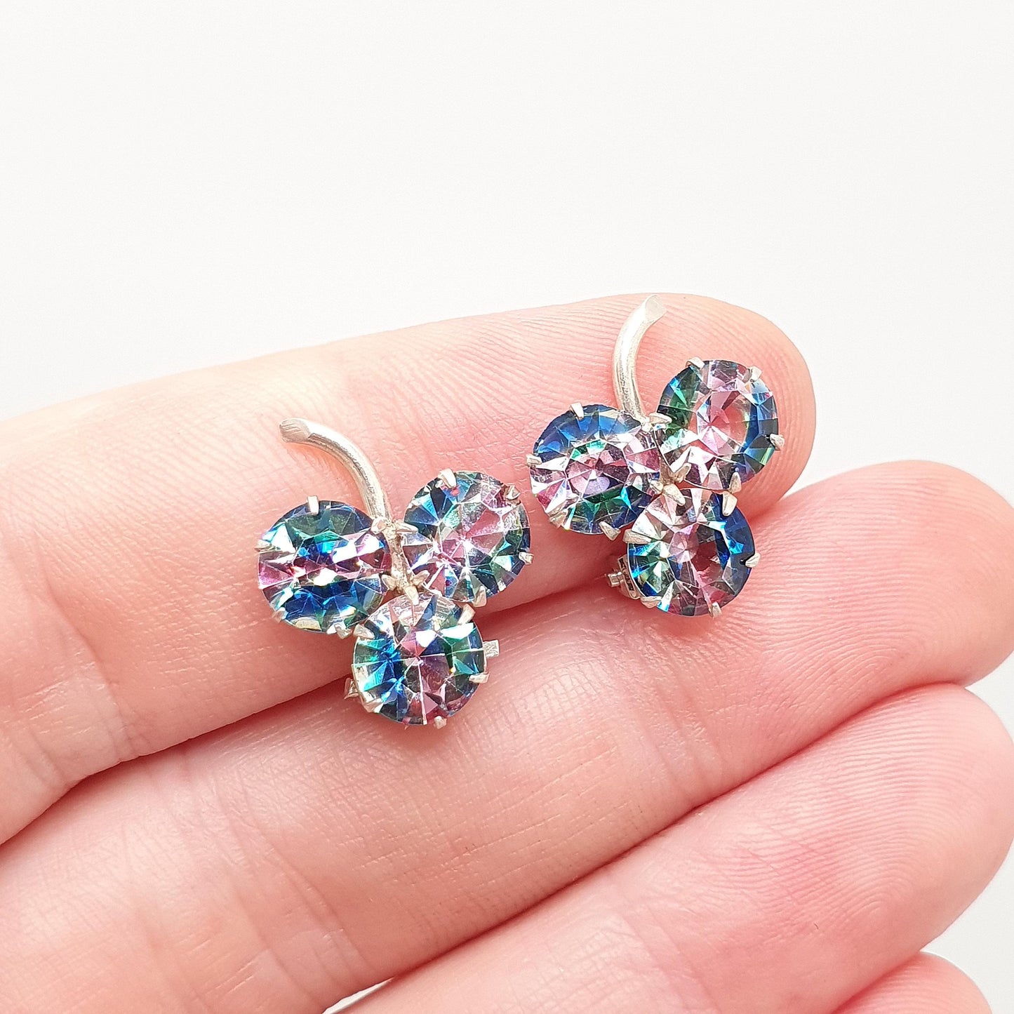 Antique Solid Silver Iris Glass Clover Earrings Rainbow Art Deco Clip On 1920s Tutti Frutti Lucky Vintage Womens Jewelry Jewellery