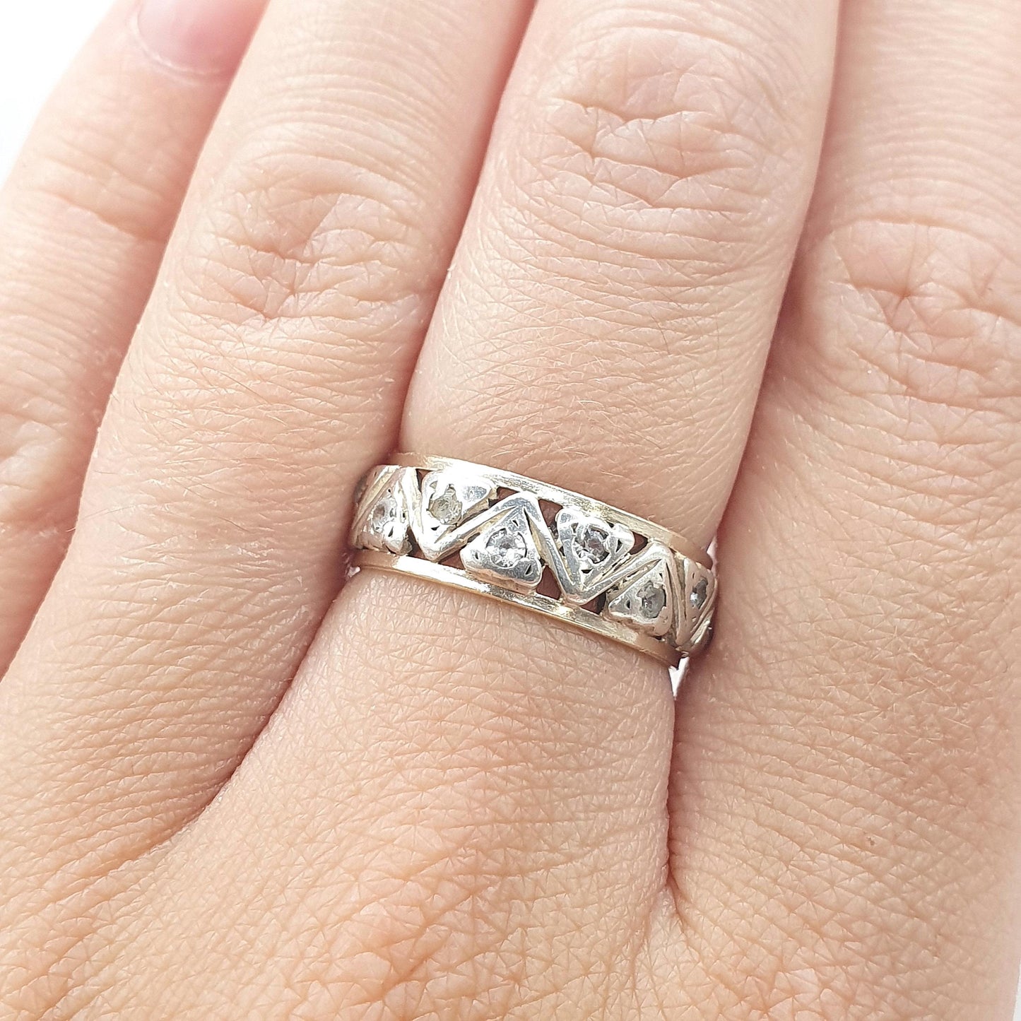 Antique 9ct Gold & Solid Silver Eternity Ring White Spinel Zig Zag Arrow Pattern Womens Jewelry Jewellery UK N US 6.75