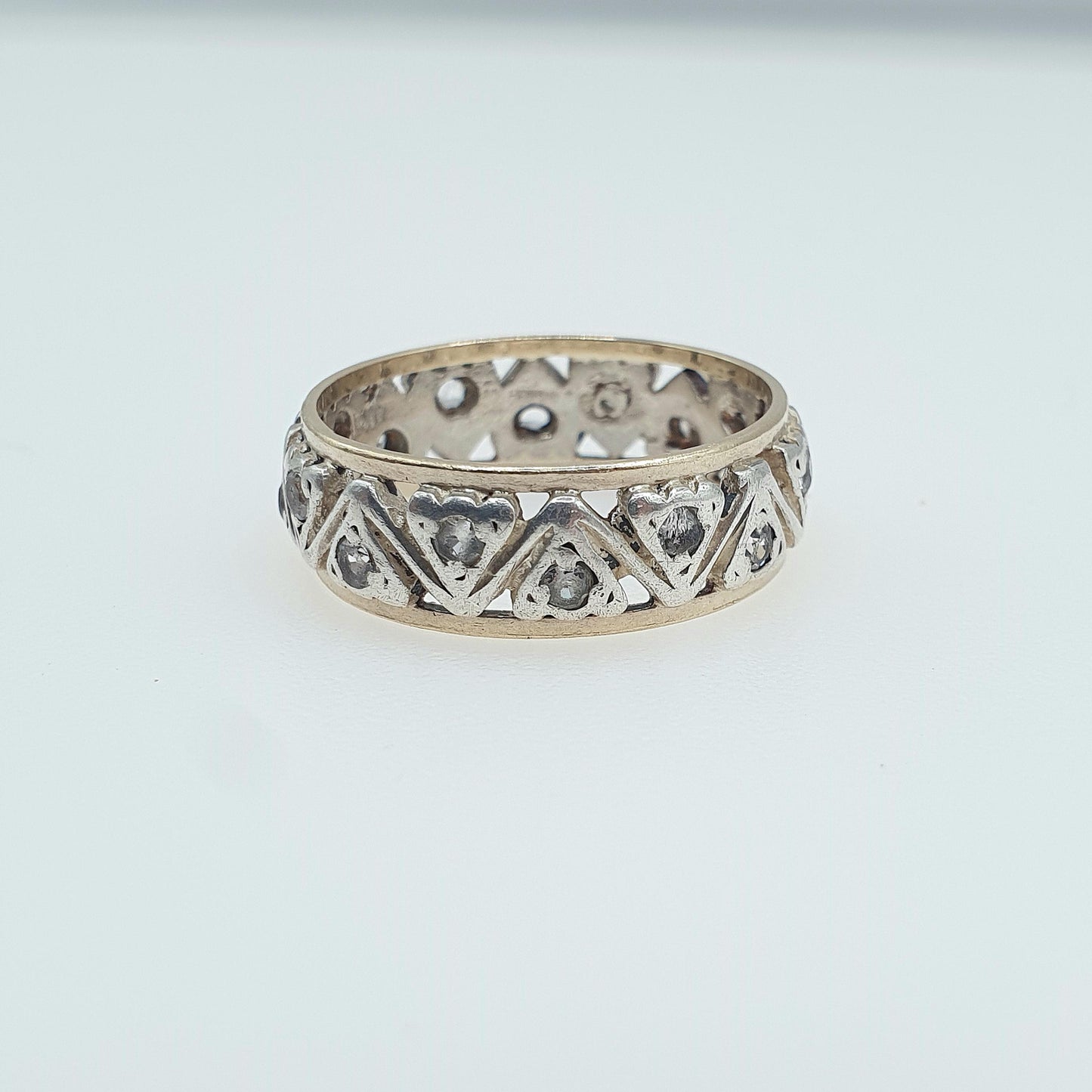 Antique 9ct Gold & Solid Silver Eternity Ring White Spinel Zig Zag Arrow Pattern Womens Jewelry Jewellery UK N US 6.75
