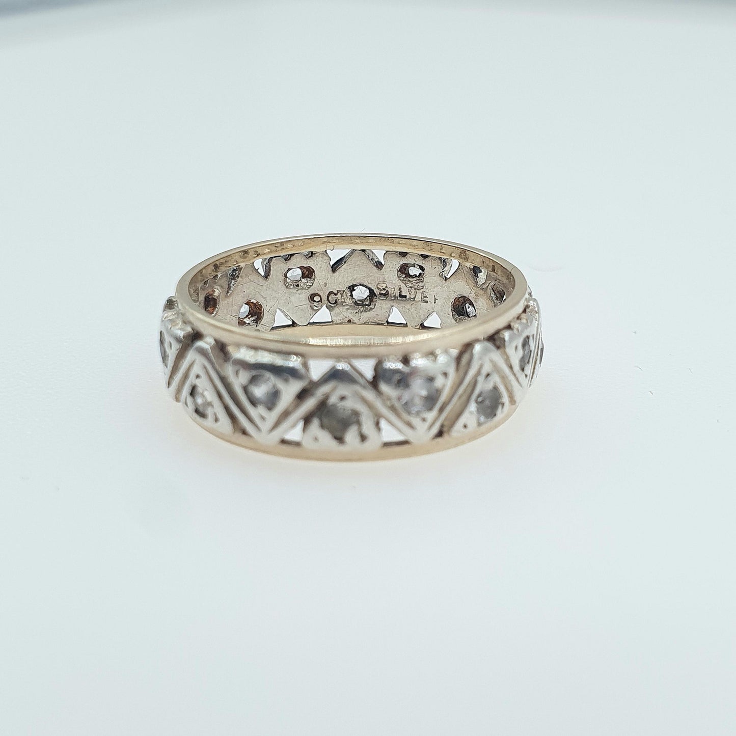 Antique 9ct Gold & Solid Silver Eternity Ring White Spinel Zig Zag Arrow Pattern Womens Jewelry Jewellery UK N US 6.75