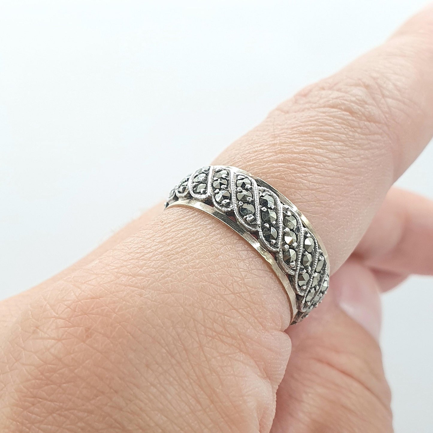 Antique 9ct Gold & Silver Eternity Ring Marcasite Triple Wave Art Deco Gift Love Womens Mens Jewellery Jewelry UK R  US 8.5
