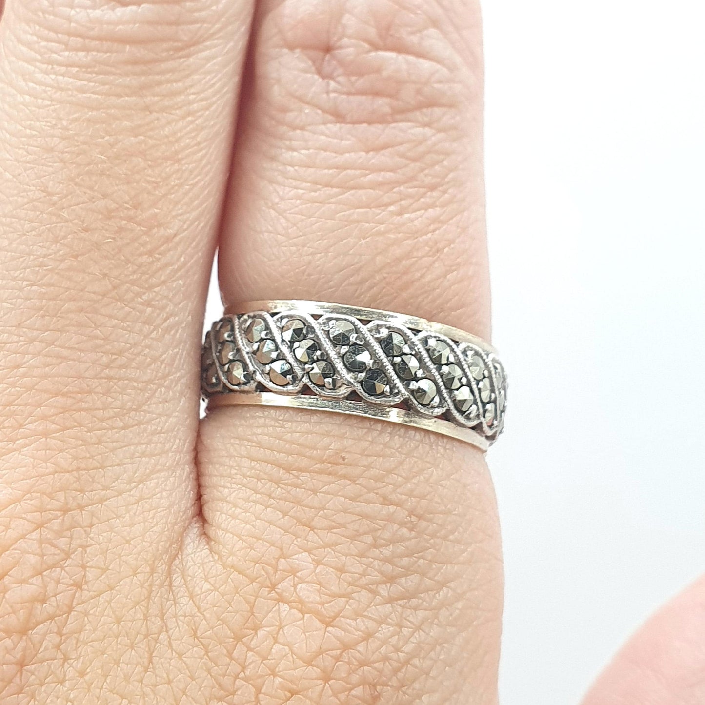 Antique 9ct Gold & Silver Eternity Ring Marcasite Triple Wave Art Deco Gift Love Womens Mens Jewellery Jewelry UK R  US 8.5