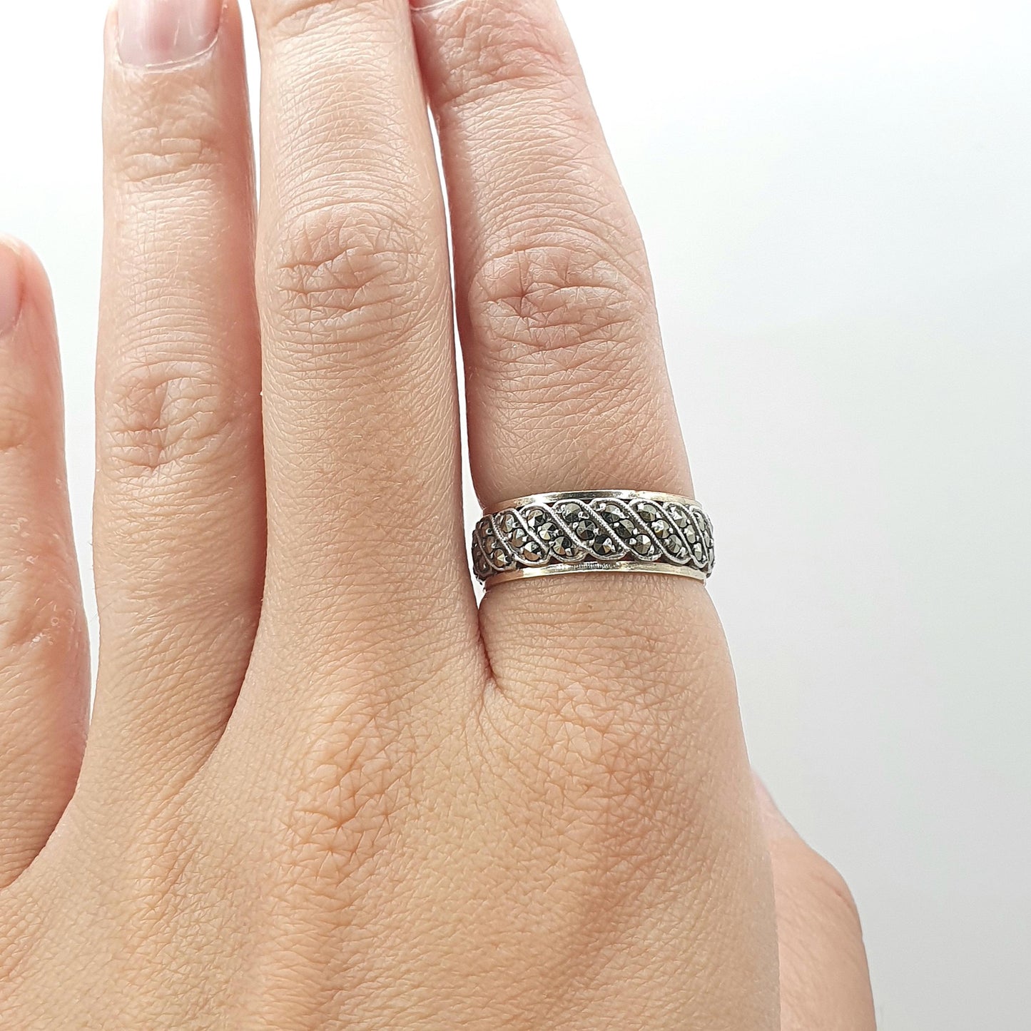Antique 9ct Gold & Silver Eternity Ring Marcasite Triple Wave Art Deco Gift Love Womens Mens Jewellery Jewelry UK R  US 8.5