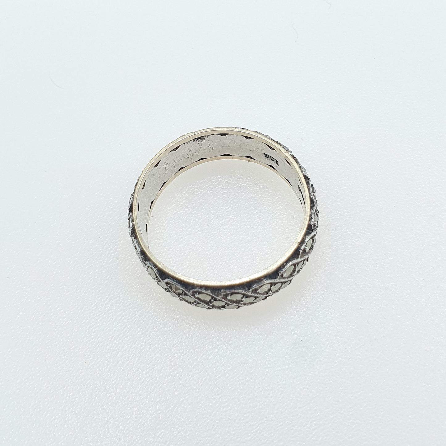 Antique 9ct Gold & Silver Eternity Ring Marcasite Triple Wave Art Deco Gift Love Womens Mens Jewellery Jewelry UK R  US 8.5