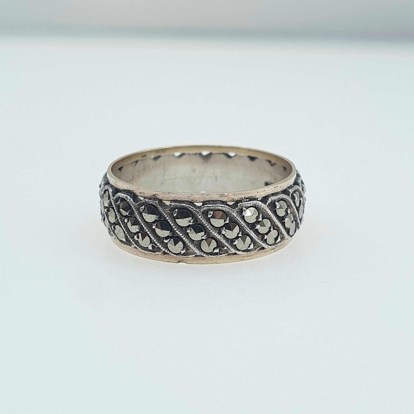 Antique 9ct Gold & Silver Eternity Ring Marcasite Triple Wave Art Deco Gift Love Womens Mens Jewellery Jewelry UK R  US 8.5