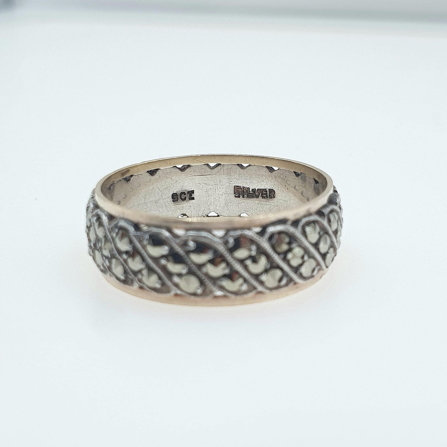 Antique 9ct Gold & Silver Eternity Ring Marcasite Triple Wave Art Deco Gift Love Womens Mens Jewellery Jewelry UK R  US 8.5