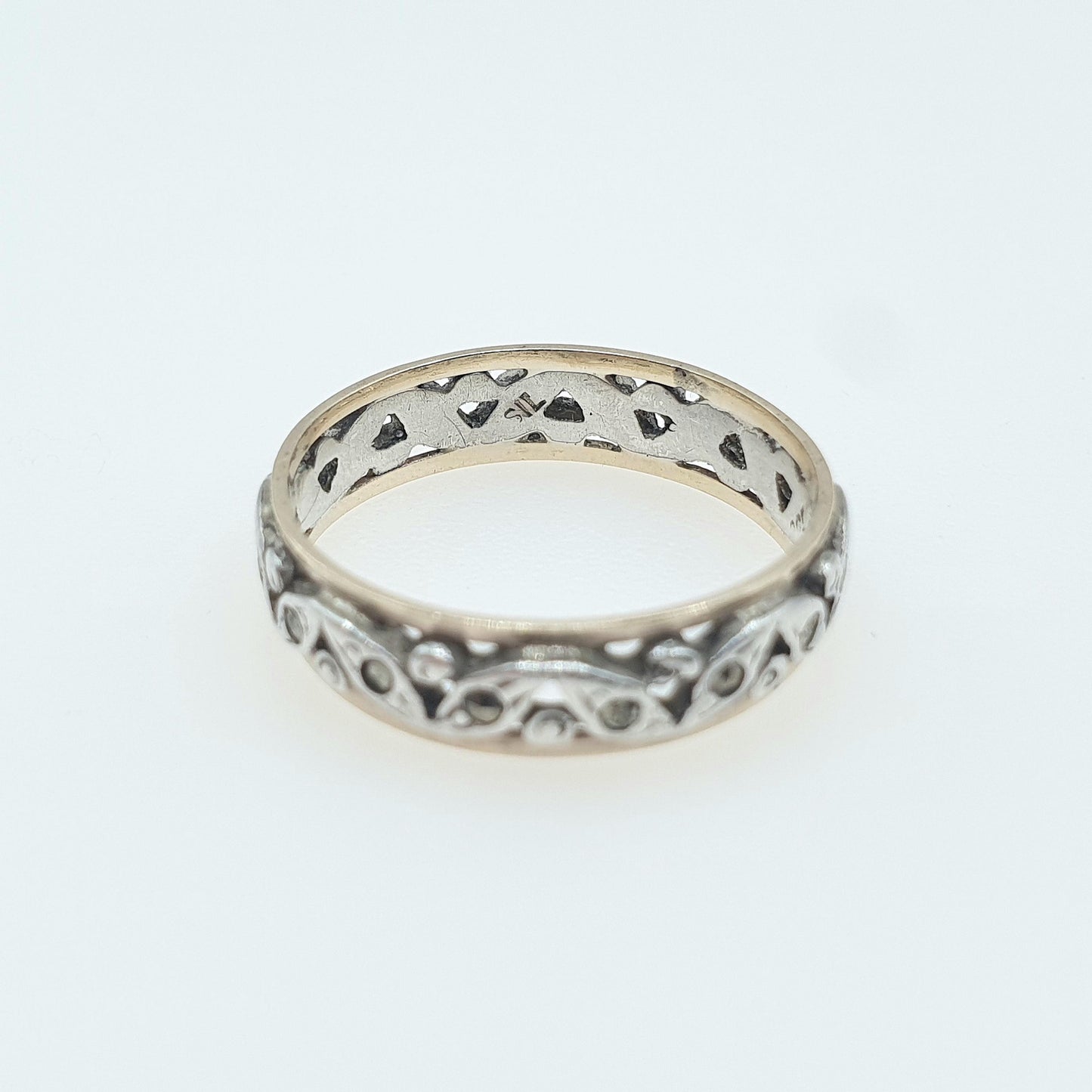 Antique 9ct Gold & Silver Eternity Ring Marcasite Leaf Style Pierced Pattern Art Deco Gift Love Womens Mens Jewellery Jewelry UK N.5 US 7