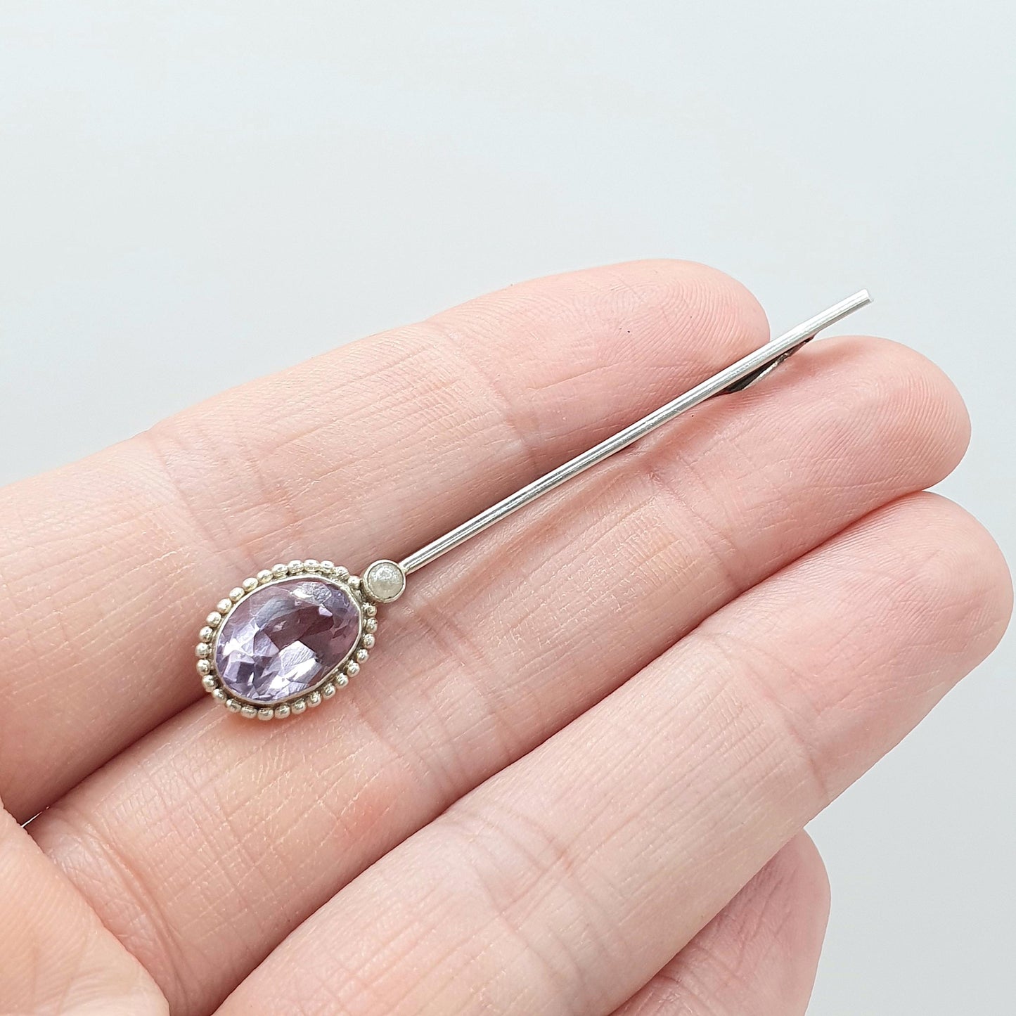 Antique Solid Silver Natural Amethyst & Seed Pearl Brooch Oval Cut Bar Pin Purple Quartz Gemstone Lilac Vintage