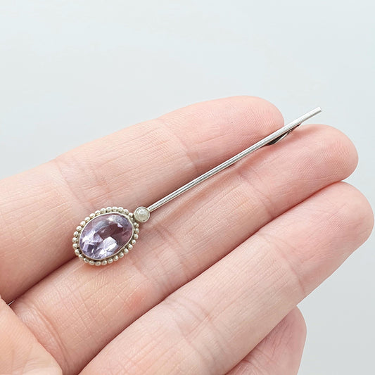 Antique Solid Silver Natural Amethyst & Seed Pearl Brooch Oval Cut Bar Pin Purple Quartz Gemstone Lilac Vintage