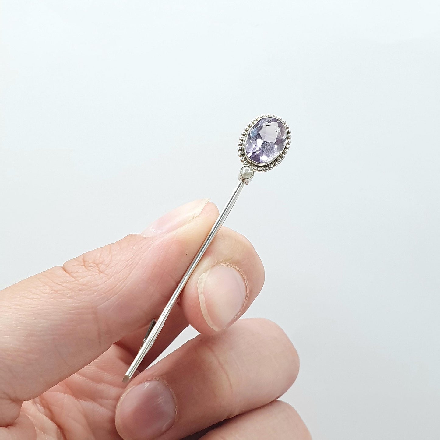Antique Solid Silver Natural Amethyst & Seed Pearl Brooch Oval Cut Bar Pin Purple Quartz Gemstone Lilac Vintage