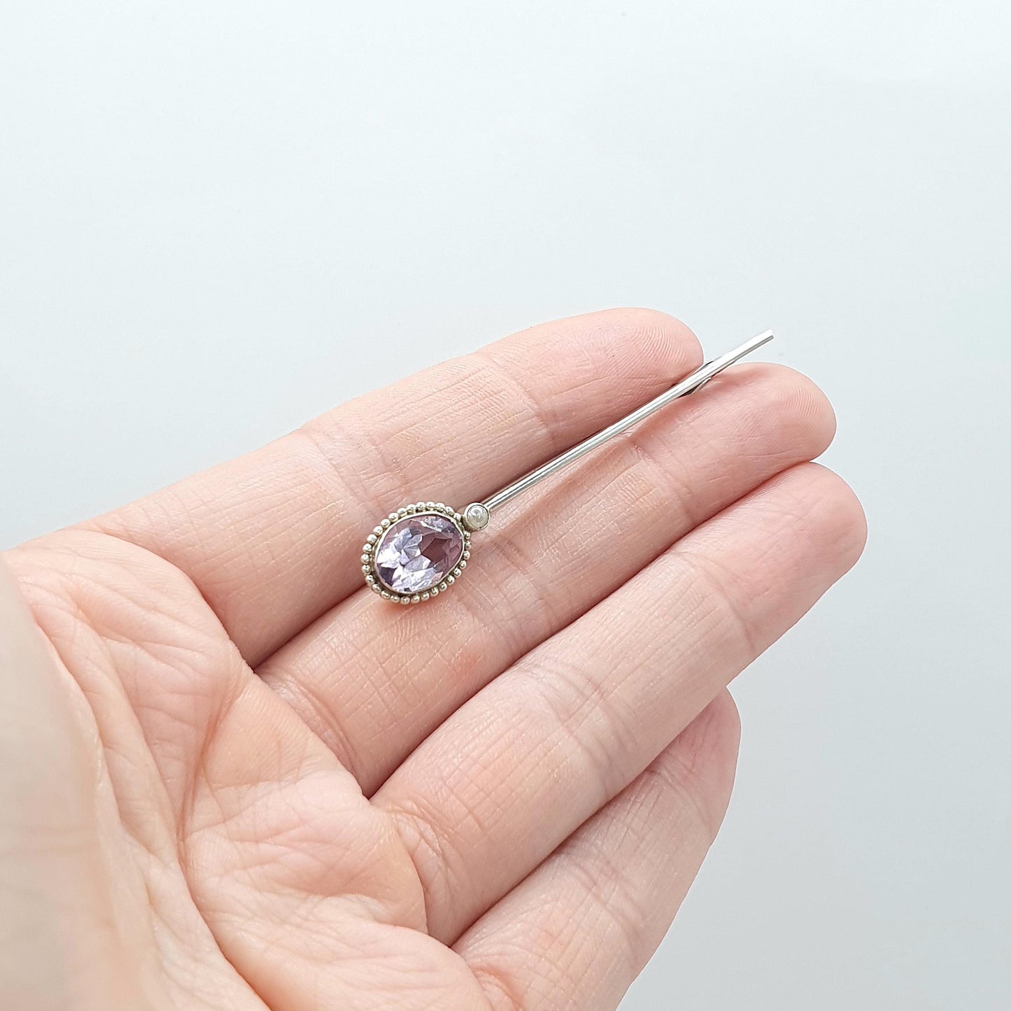 Antique Solid Silver Natural Amethyst & Seed Pearl Brooch Oval Cut Bar Pin Purple Quartz Gemstone Lilac Vintage