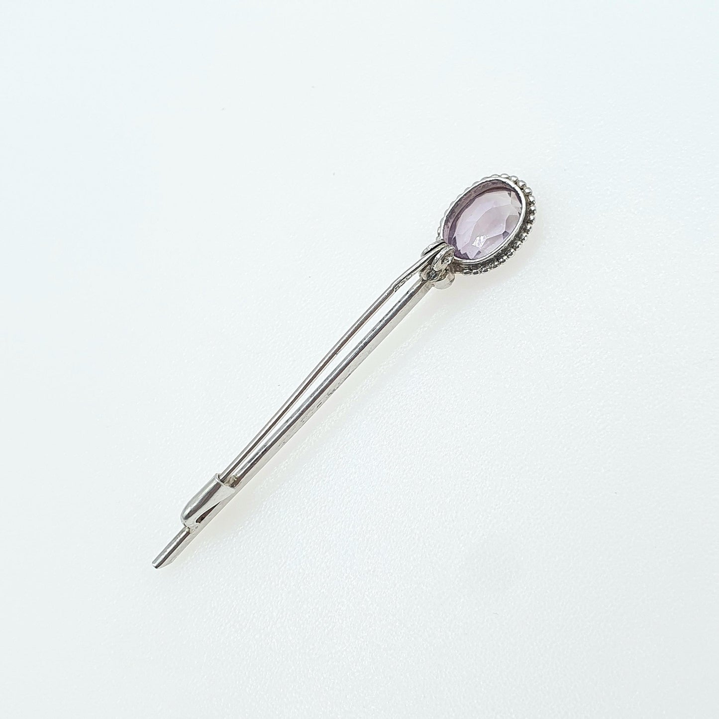 Antique Solid Silver Natural Amethyst & Seed Pearl Brooch Oval Cut Bar Pin Purple Quartz Gemstone Lilac Vintage