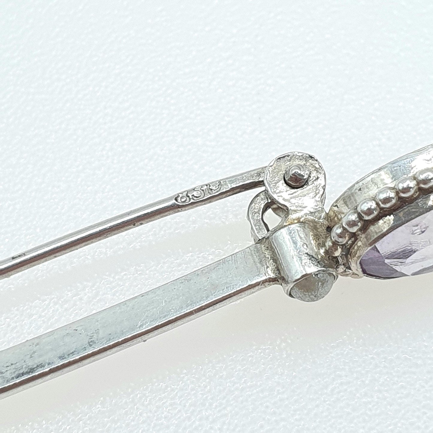 Antique Solid Silver Natural Amethyst & Seed Pearl Brooch Oval Cut Bar Pin Purple Quartz Gemstone Lilac Vintage