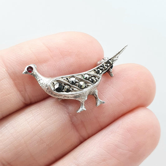 Antique Sterling Silver Pheasant Brooch Marcasite Bird Small Ruby Paste Art Deco Animal Vintage Womens Jewelry Jewellery