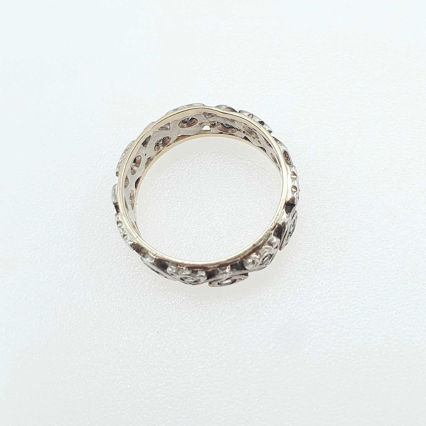 Antique 9ct Gold & Silver Eternity Ring White Spinel Triangle Pattern Art Deco Womens Jewelry Jewellery UK J US 4.75