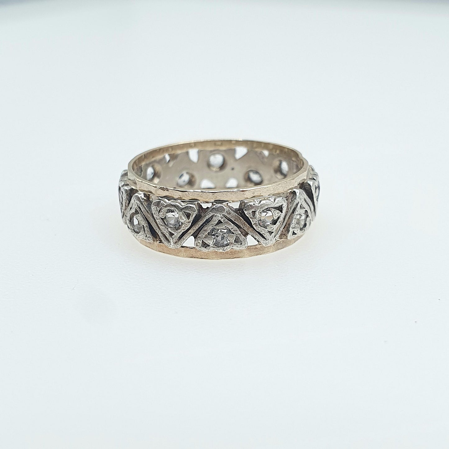 Antique 9ct Gold & Silver Eternity Ring White Spinel Triangle Pattern Art Deco Womens Jewelry Jewellery UK J US 4.75