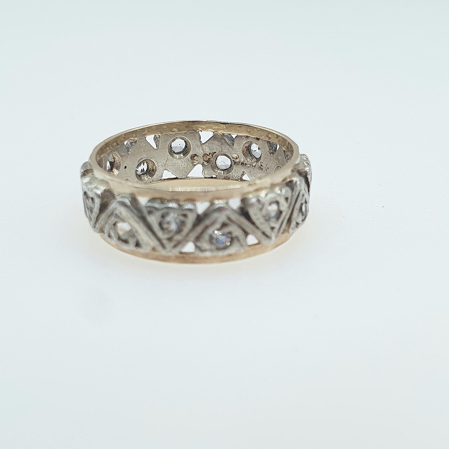 Antique 9ct Gold & Silver Eternity Ring White Spinel Triangle Pattern Art Deco Womens Jewelry Jewellery UK J US 4.75