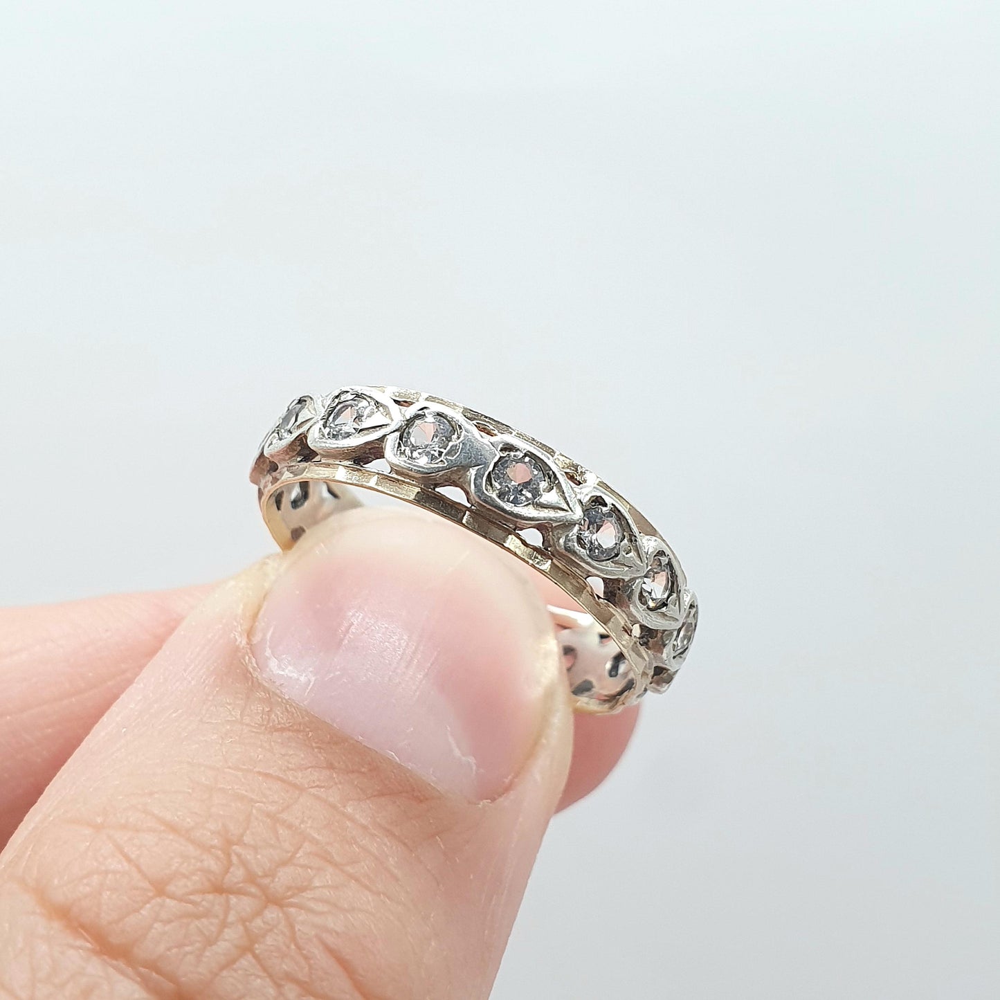 Antique 9ct Gold & Silver Eternity Ring White Spinel Heart Pattern Art Deco Love Gift Womens Jewelry Jewellery UK P.5 or US 8