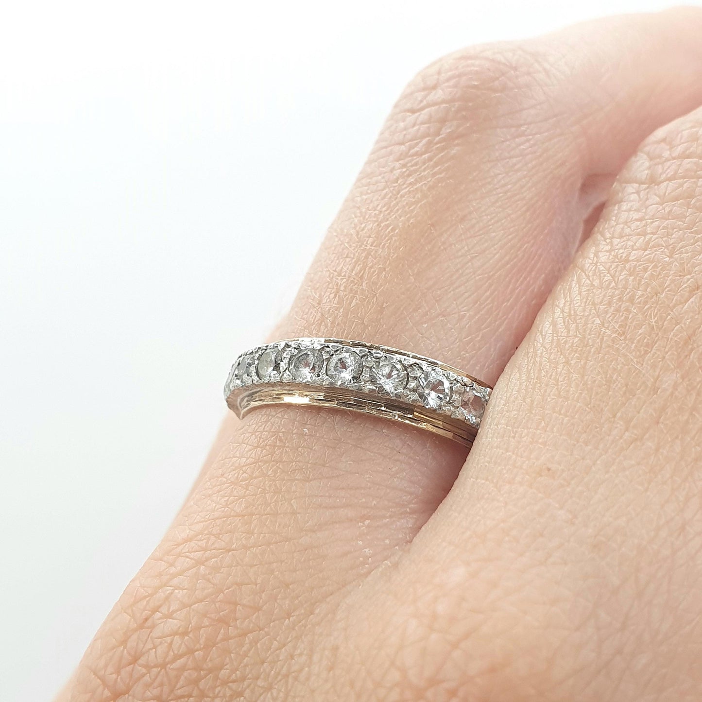 Antique 9ct Gold & Silver Eternity Ring White Spinel Dimpled Pattern Art Deco Love Gift Vintage Womens Jewelry Jewellery UK R or US 8.5