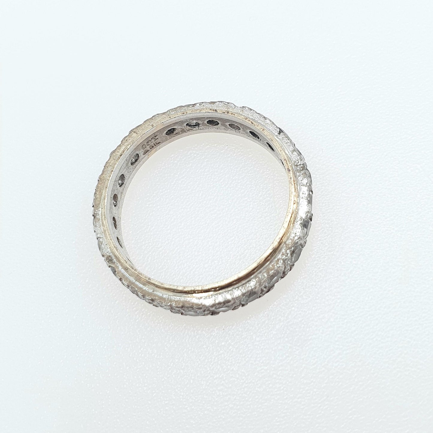 Antique 9ct Gold & Silver Eternity Ring White Spinel Dimpled Pattern Art Deco Love Gift Vintage Womens Jewelry Jewellery UK R or US 8.5