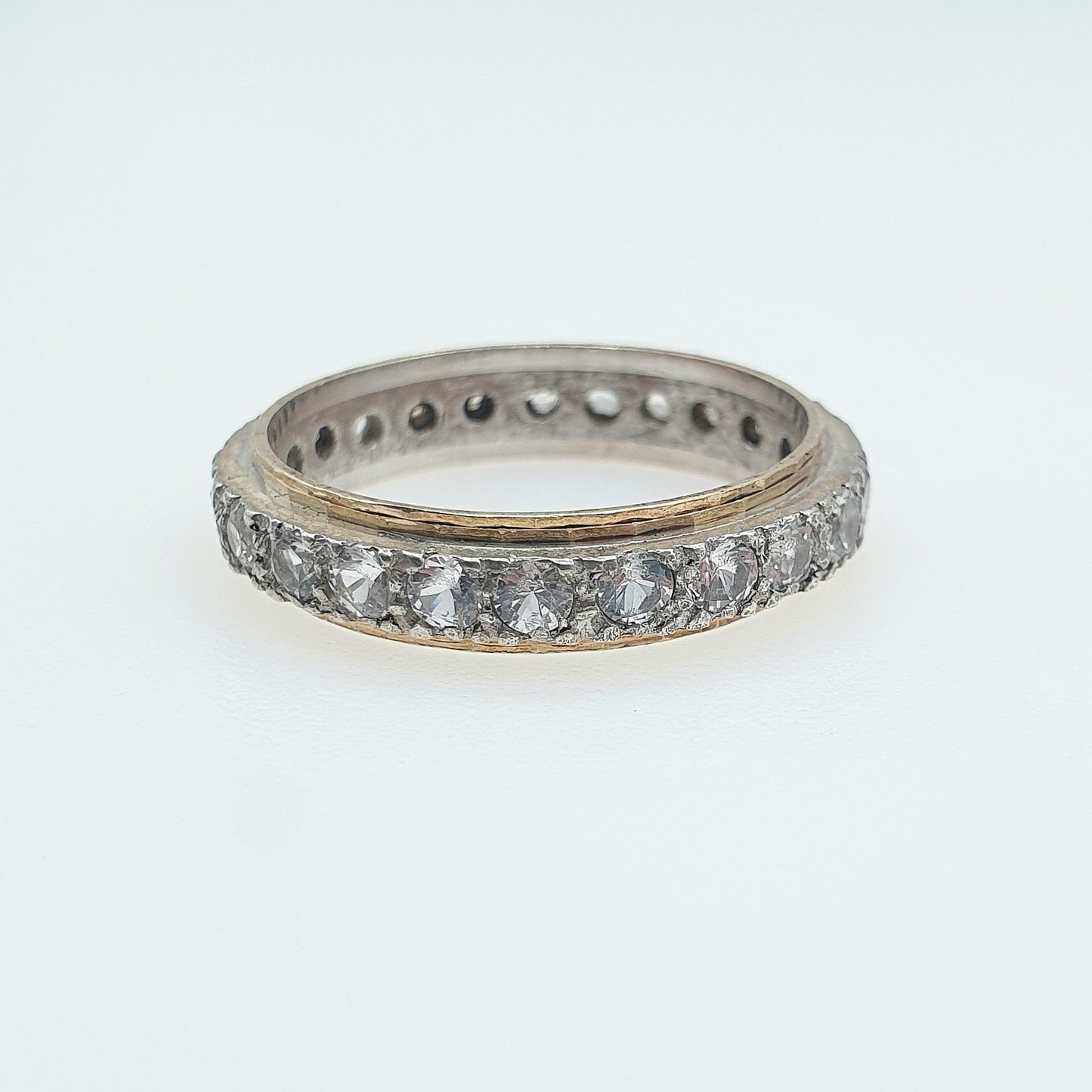 Antique 9ct Gold & Silver Eternity Ring White Spinel Dimpled Pattern Art Deco Love Gift Vintage Womens Jewelry Jewellery UK R or US 8.5