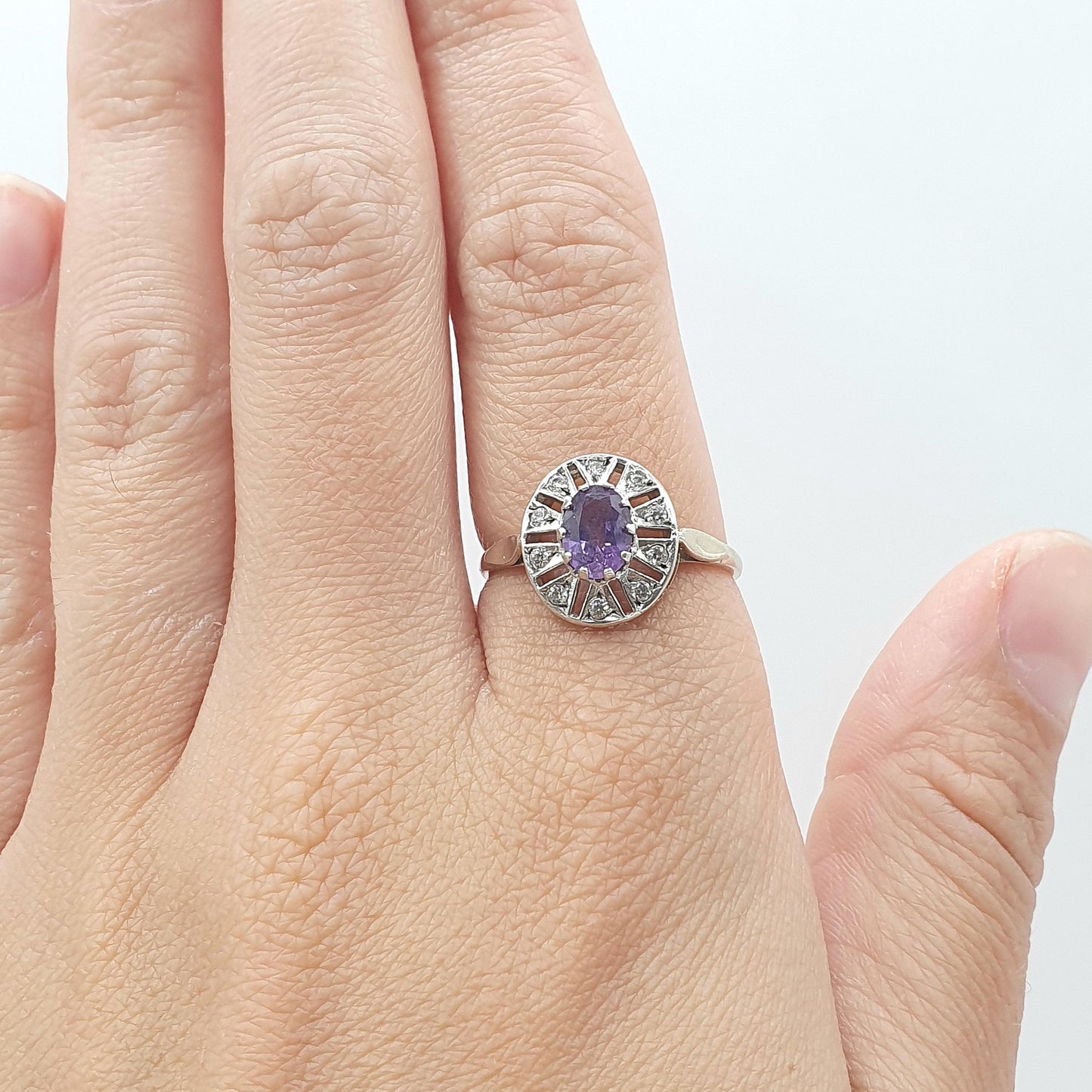Vintage Gold on Sterling Silver Amethyst Ring CZ Halo Border Sparkly Retro Jewelry Jewellery UKR US 8.5