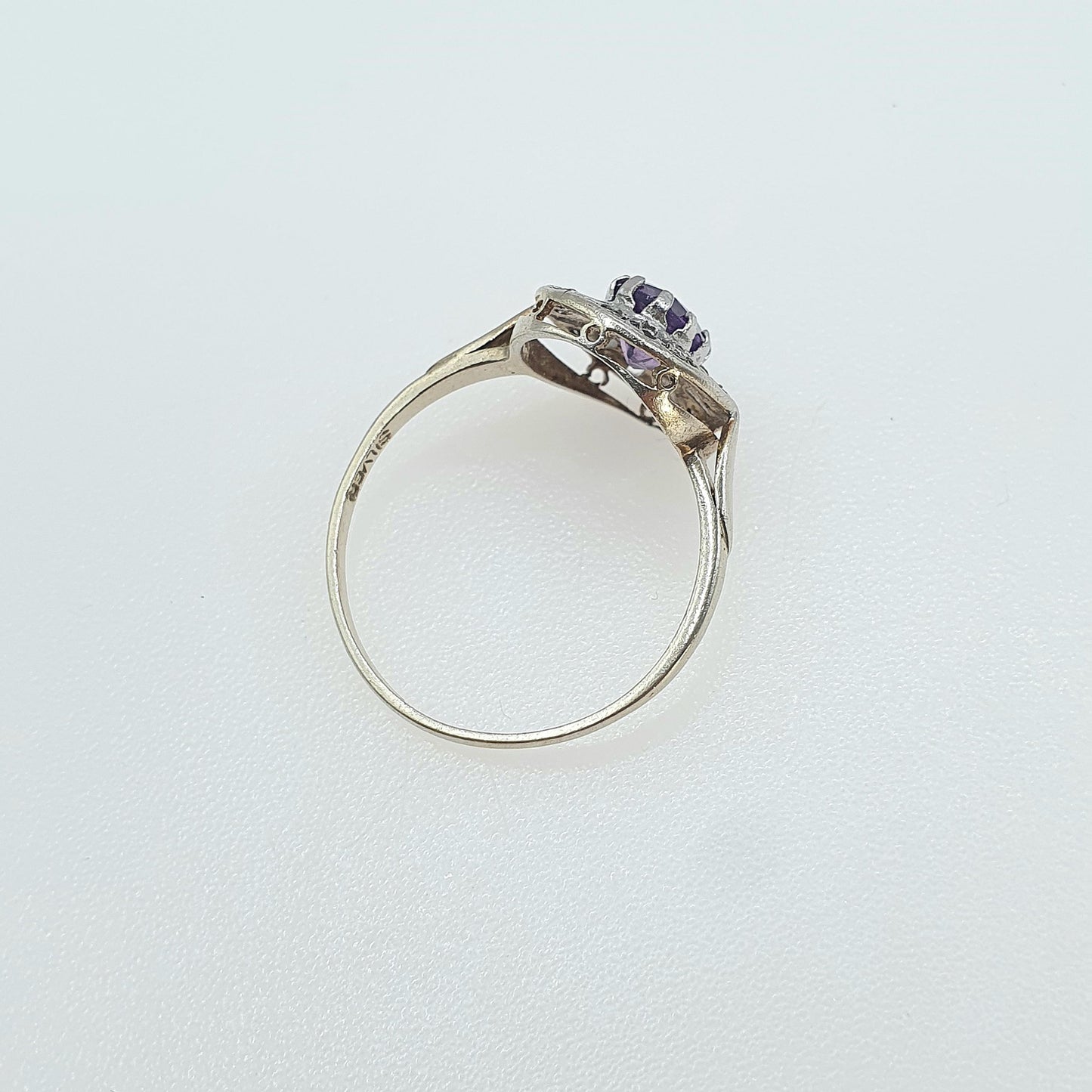 Vintage Gold on Sterling Silver Amethyst Ring CZ Halo Border Sparkly Retro Jewelry Jewellery UKR US 8.5