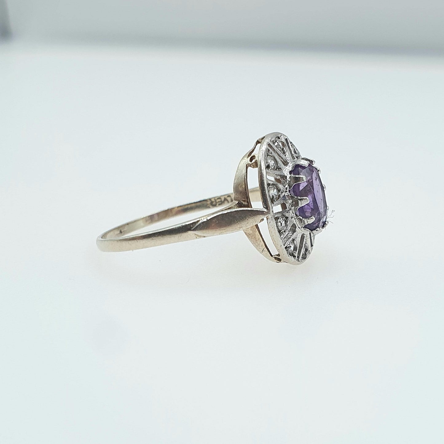 Vintage Gold on Sterling Silver Amethyst Ring CZ Halo Border Sparkly Retro Jewelry Jewellery UKR US 8.5