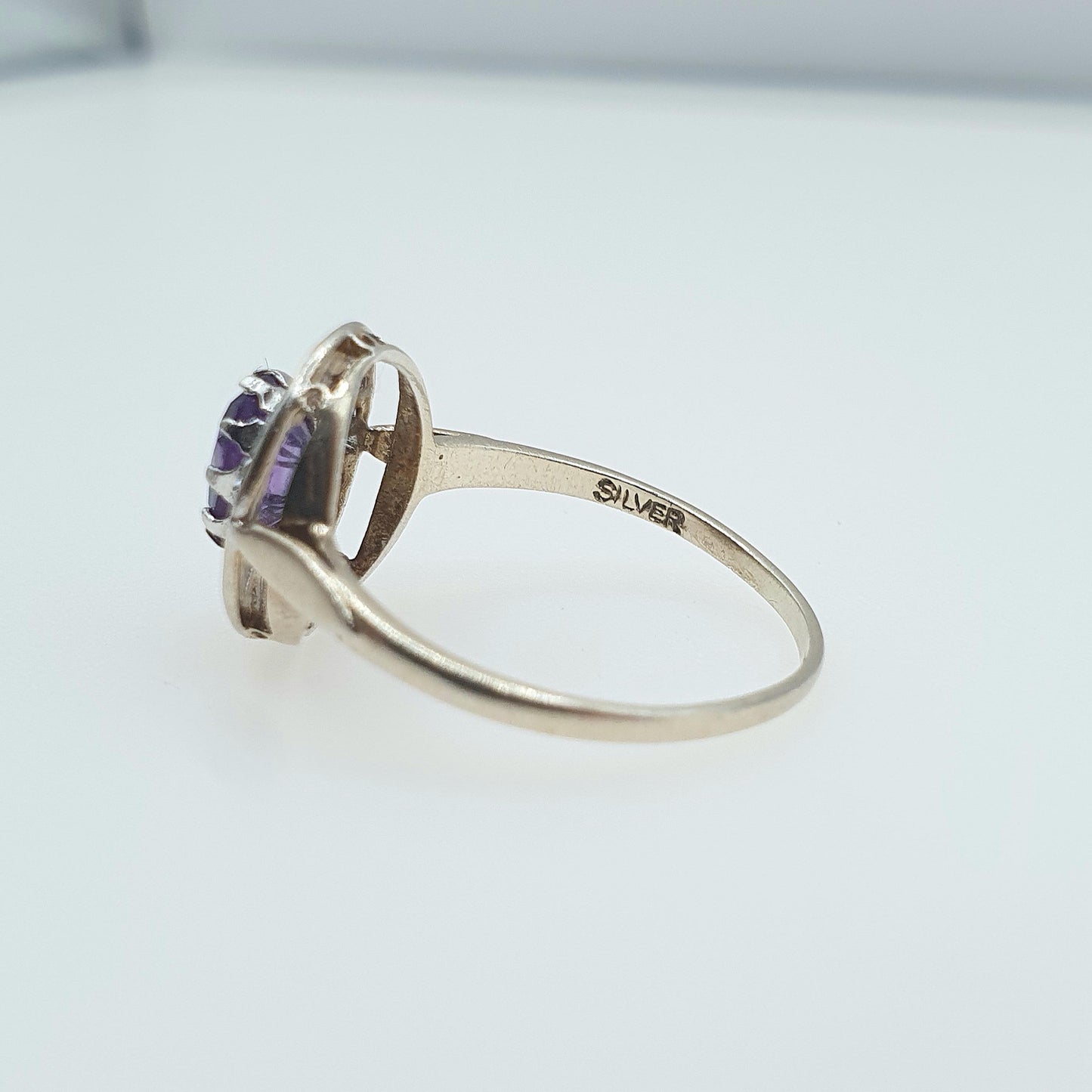 Vintage Gold on Sterling Silver Amethyst Ring CZ Halo Border Sparkly Retro Jewelry Jewellery UKR US 8.5