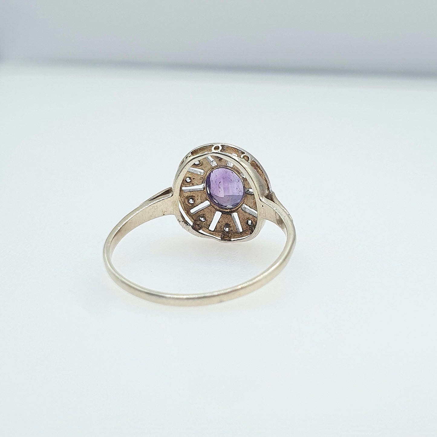 Vintage Gold on Sterling Silver Amethyst Ring CZ Halo Border Sparkly Retro Jewelry Jewellery UKR US 8.5