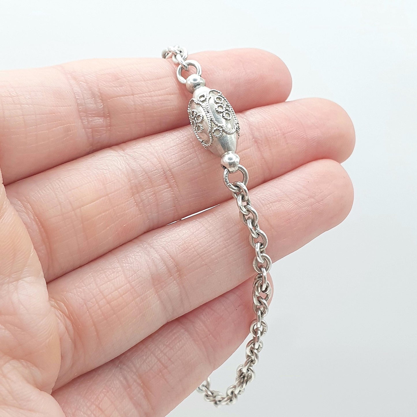 Antique Victorian Sterling Silver Albertina Chain Bracelet Rope Knot Link Filigree Bead Womens Vintage Jewellery Jewelry 17.5cm 6.9” 7.34g